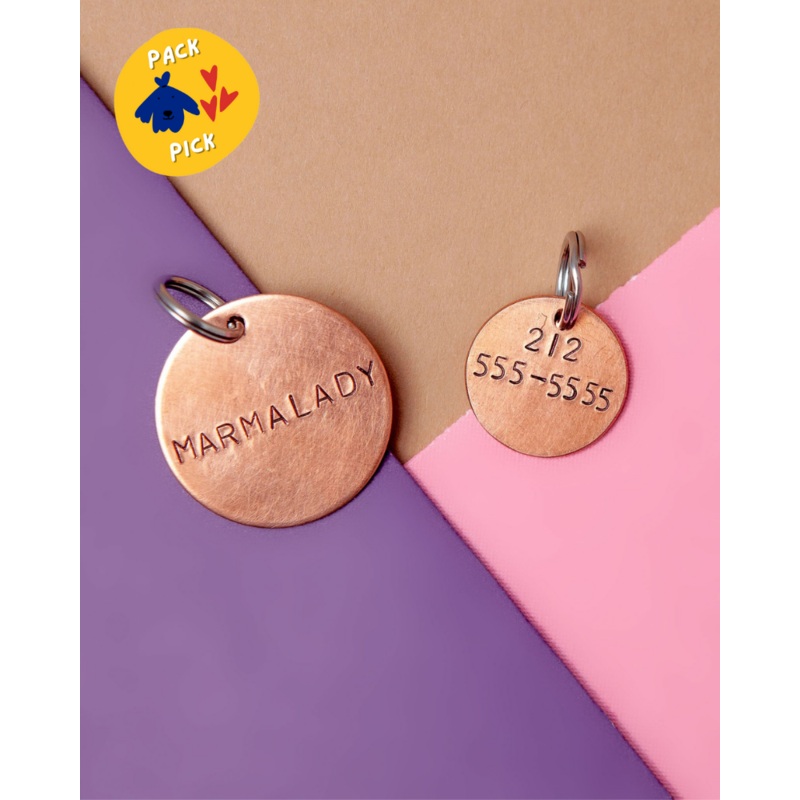 Custom-Stamped Round Pet Name Tag in Copper, Brass, or Aluminum (Custom/Drop-Ship)