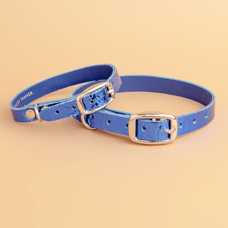 The Cleo Leather Tag Collar in Bold Blue Crackle (Dog & Co. Exclusive)