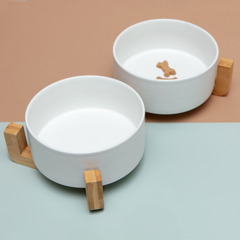 Double Bowl + Stand Feeder in Eggshell and Bamboo