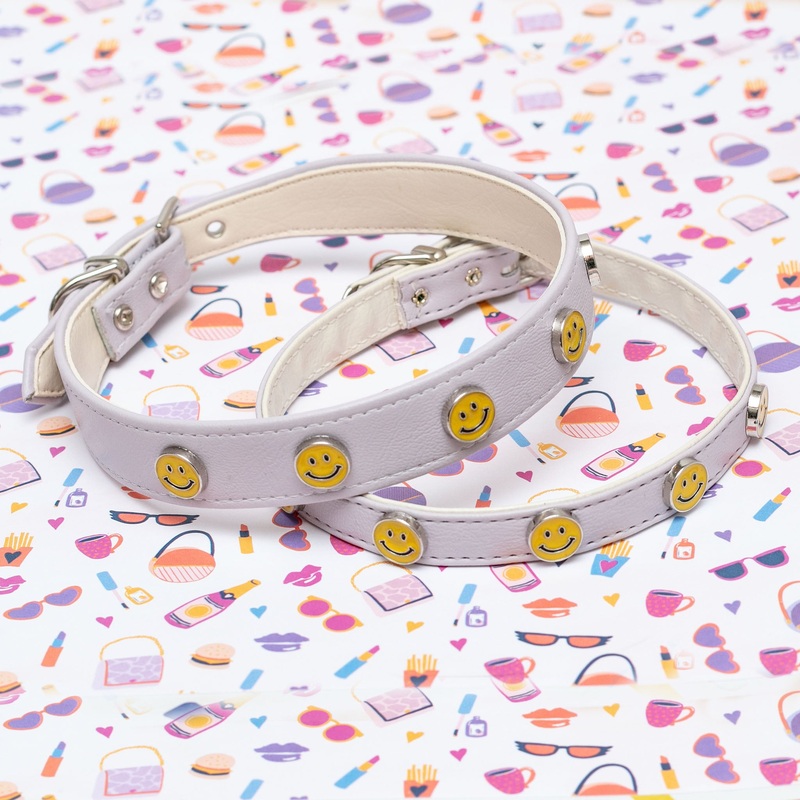 Smiley Face Vegan Leather Dog Collar in Lightest Lilac (Made in the USA) << FINAL SALE >>