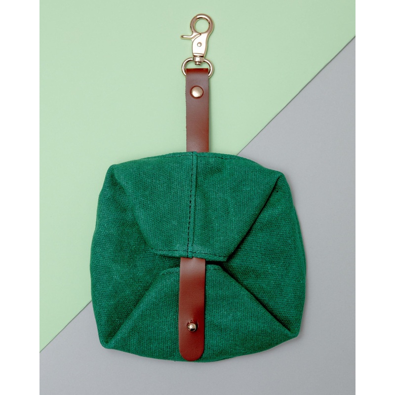Waxed Canvas and Vegan Leather Dog Travel Bowl in Green(FINAL SALE)