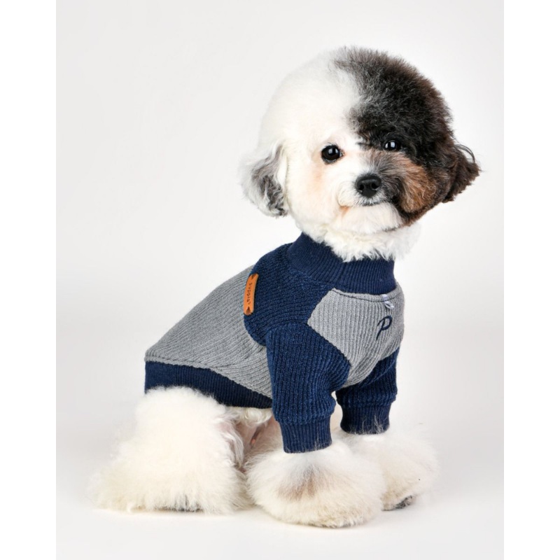 Ribbed Mock Neck Pullover Dog Shirt in Navy((CLEARANCE))