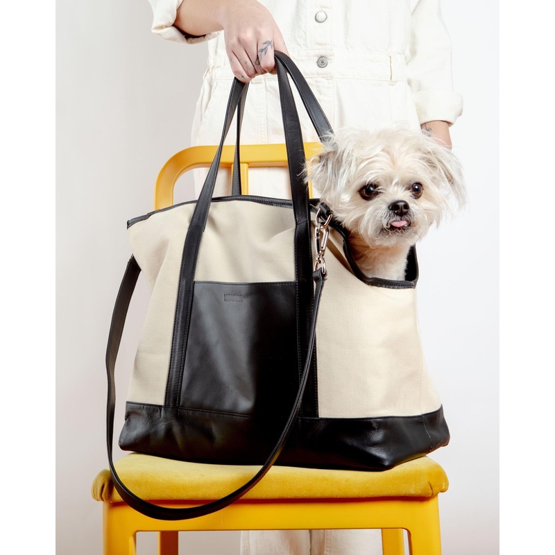 Black Leather & Natural Canvas Luxe Dog Carrier (Made in Mexico)(Dog & Co. Exclusive) (FINAL SALE)