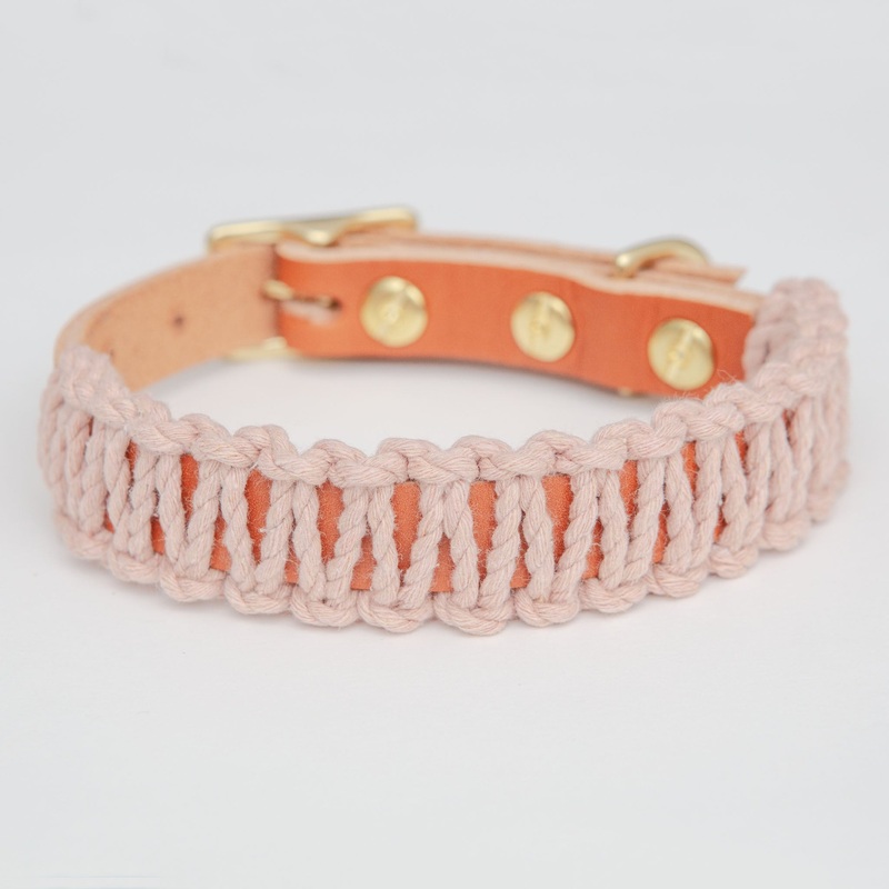 Macrame & Leather Dog Collar in Blush w/ Caramel (Made in the USA) (CLEARANCE)