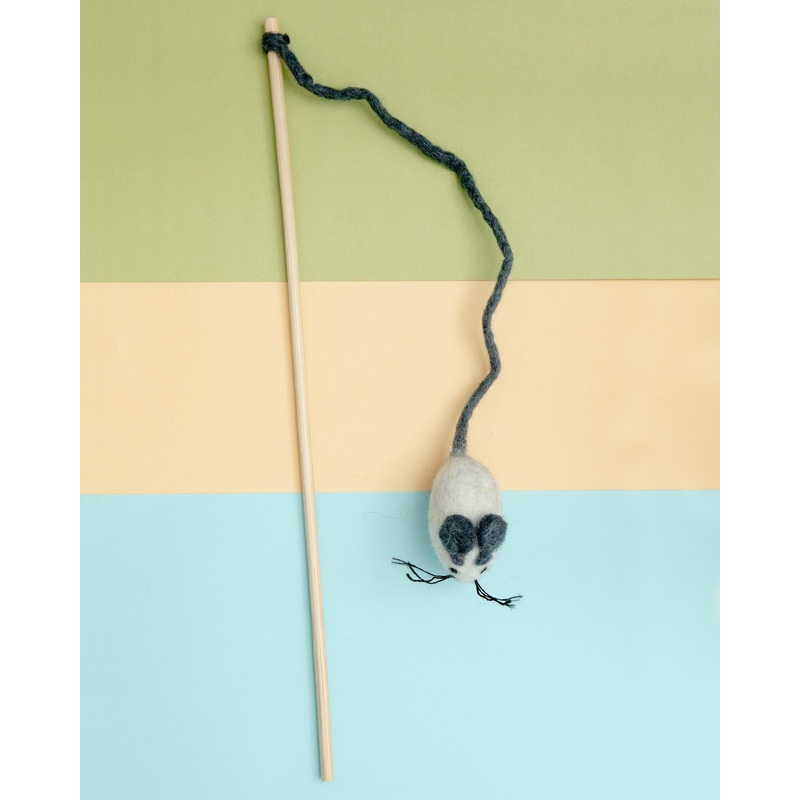 Mouse Cat Teaser Wand in Grey & White