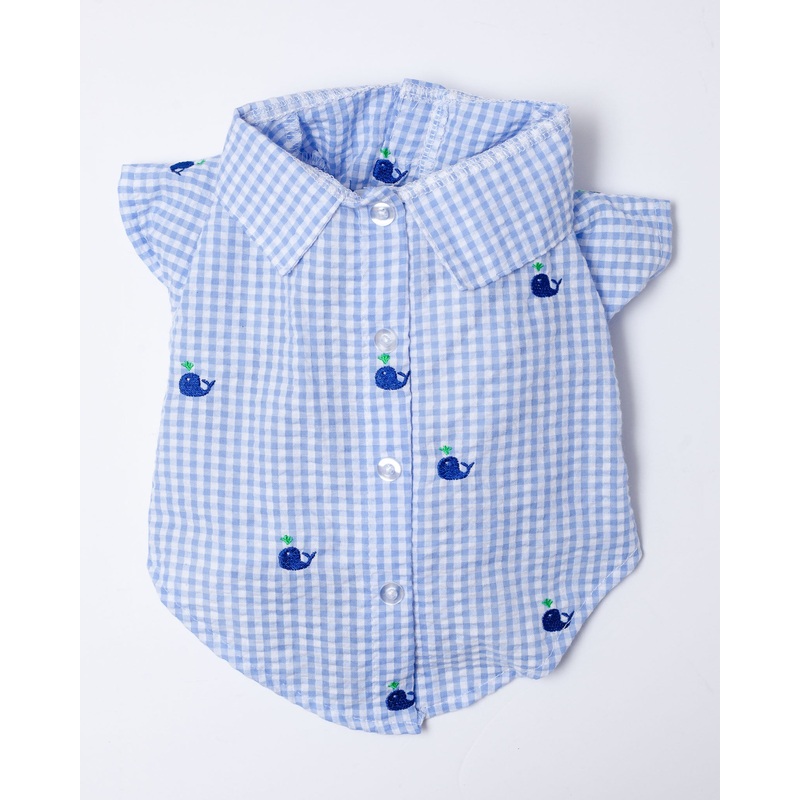 Seersucker Gingham Dog Shirt with Embroidered Whales (FINAL SALE)