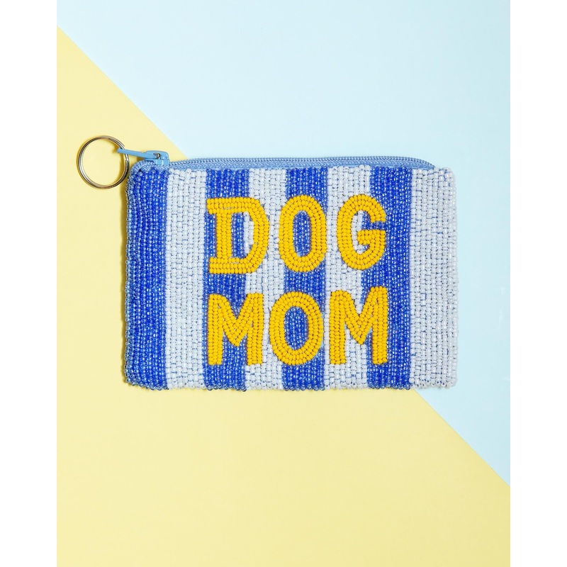 Dog Mom Beaded Coin Purse in Blue & White Stripe