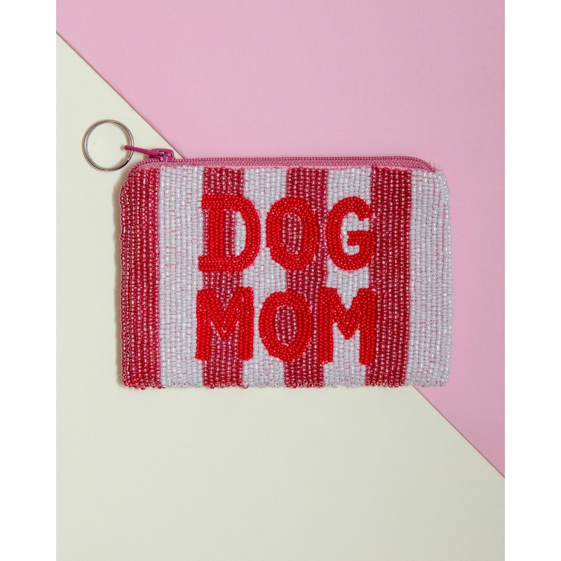 Dog Mom Beaded Coin Purse in Pink & White Stripe