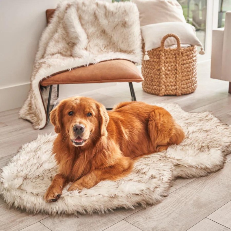 Faux Fur Orthopedic Dog Bed – Curve White with Brown Accents (CLEARANCE)