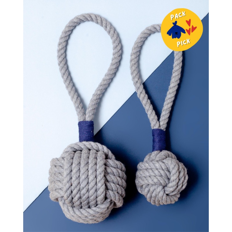 Monkey Fist Rope Dog Toy in Gray with Navy Whipping (Made in the USA)