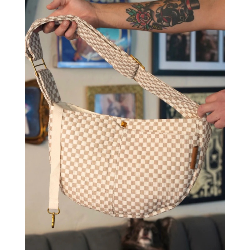 Check Print Pet Sling Carrier|Black & White|White & Tan