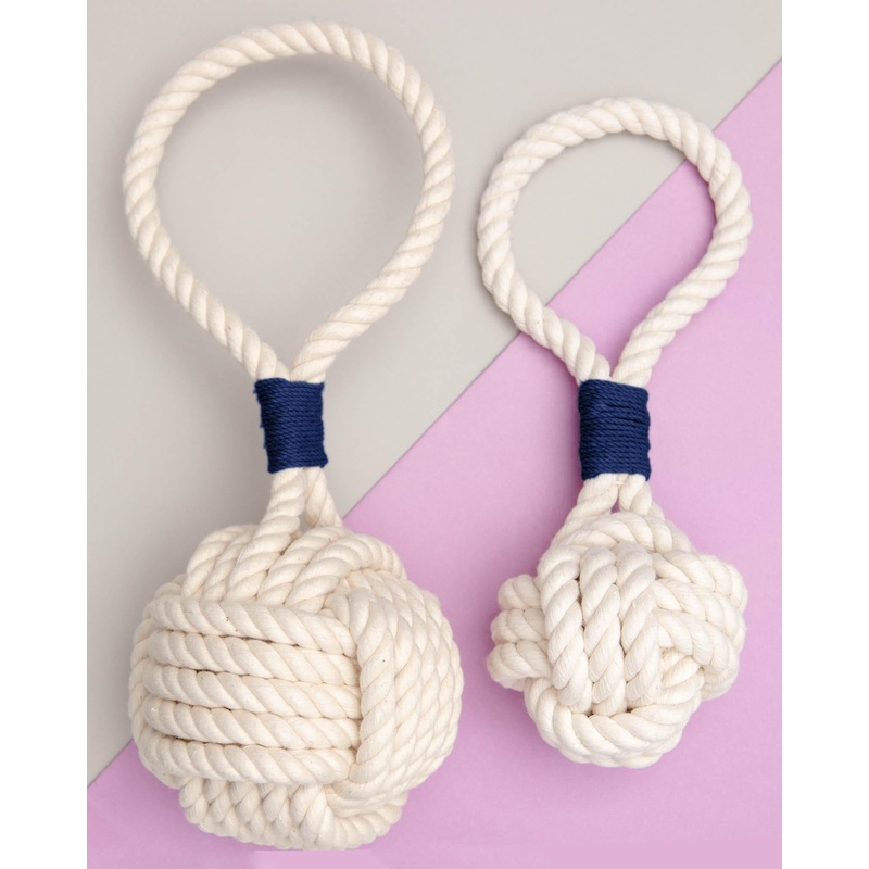 Monkey Fist Rope Dog Toy in White with Navy Whipping (Made in the USA)
