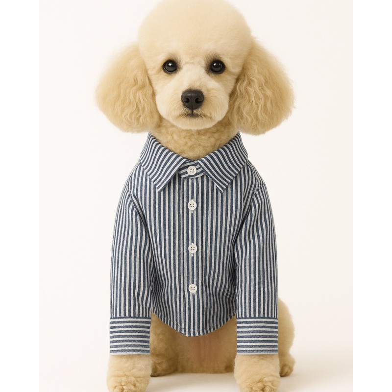 Slim Fit Organic Cotton Button Down Dog Shirt in Striped Navy Blue