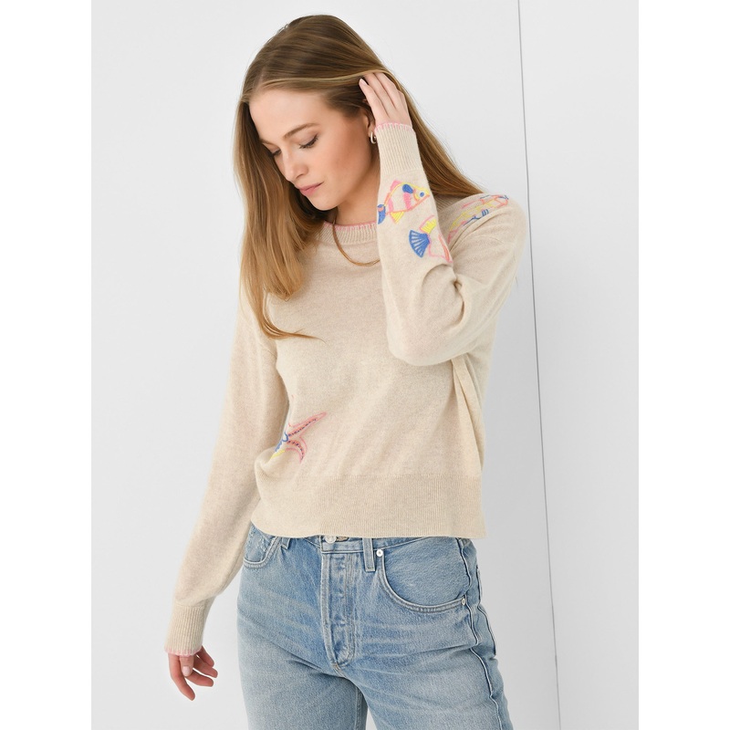 White + Warren Women’s Cashmere Beachcomber Embroidered Crewneck Sweater