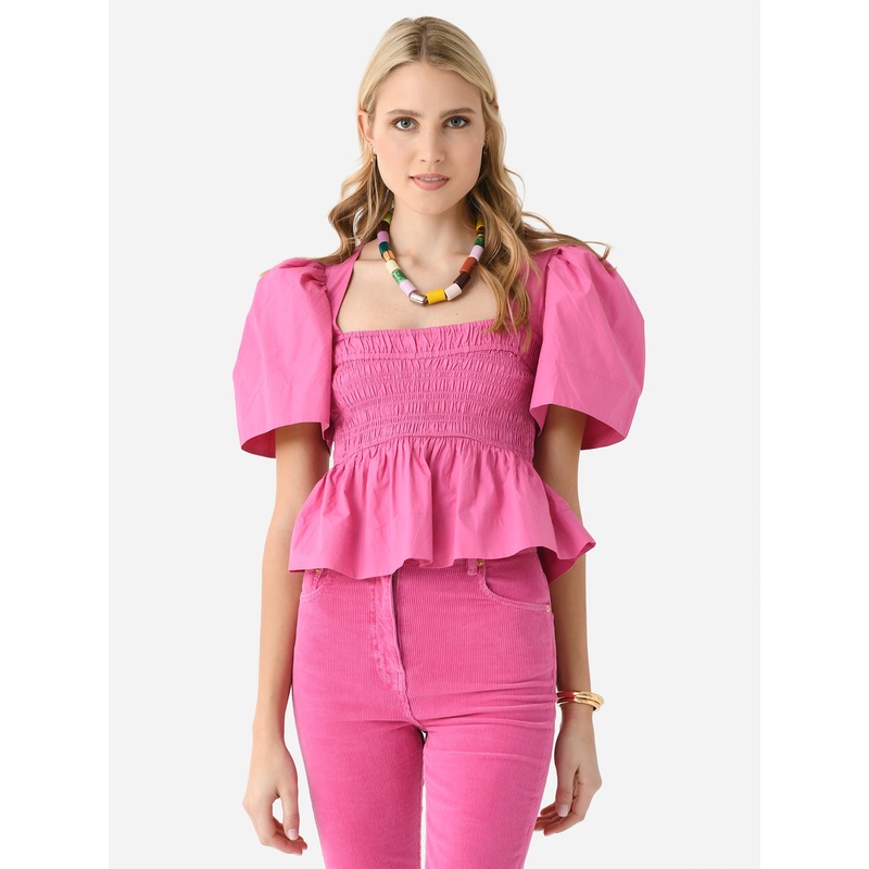 GANNI Women’s Cotton Poplin Open-Neck Smock Blouse