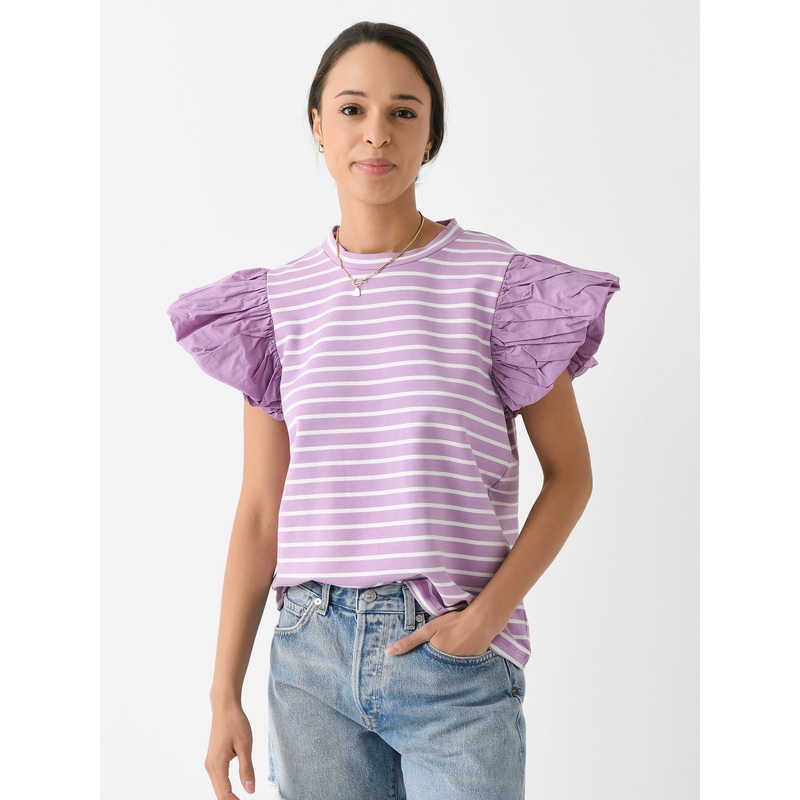 English Factory Women’s Stripe Knit Poplin Puff Sleeve Top