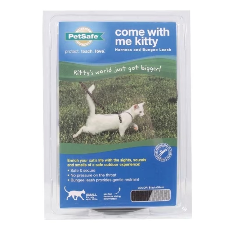 Come With Me Kitty Cat Harness & Bungee Leash – Blk/Whte