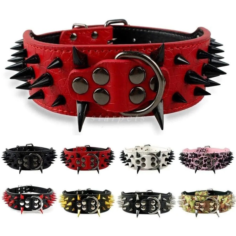 2 Wide Sharp Spiked Studded Leather Dog Collars Pitbull Bulldog Big Dog Collar Adjustable