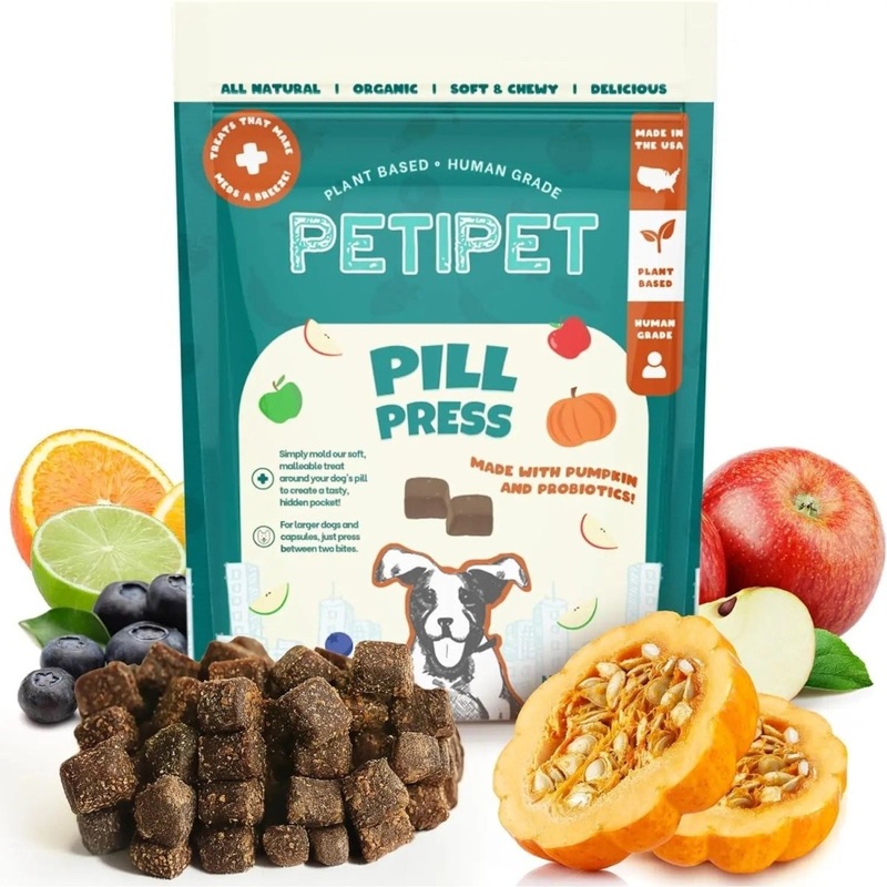 PETIPET Pill Press Dog Treats – Easy Capsule & Tablet Hider – Vegan Chews with Pumpkin & Probiotics 7oz