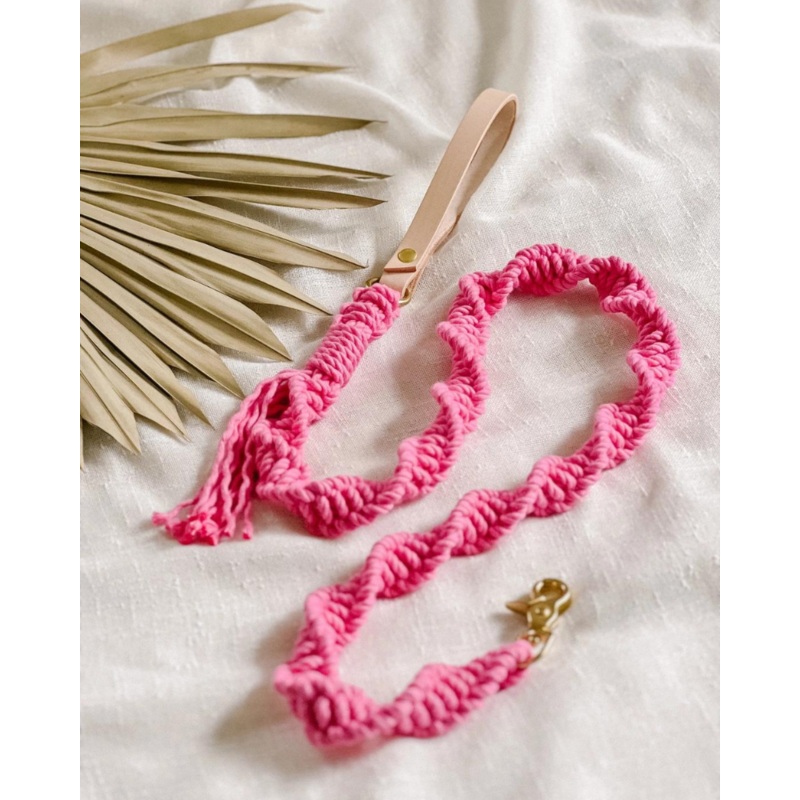 Macrame and Leather Dog Leash in Hot Pink (Made in the USA)