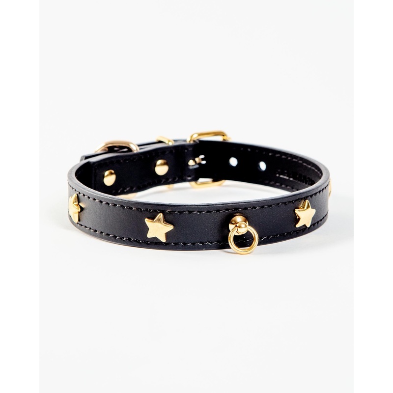 Black Nara Leather Dog Collar with Brass Stars (Made in Italy) (FINAL SALE)