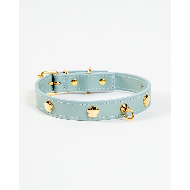 Sky Blue Nara Leather Dog Collar with Brass Flowers (Made in Italy)