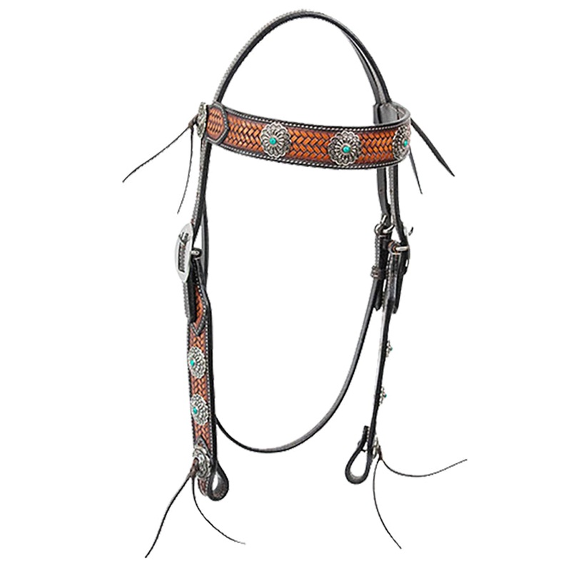 Cody Pro Turquoise Concho Browband Headstall with Basketweave Tooling