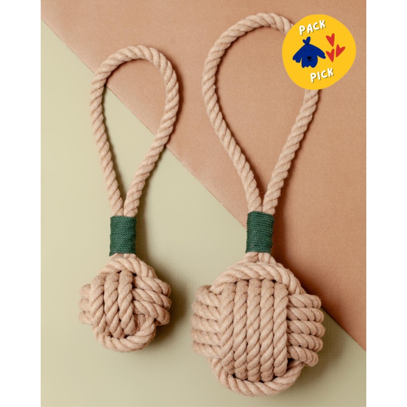 Monkey Fist Rope Dog Toy in Tan with Forest Green Whipping (Made in the USA)